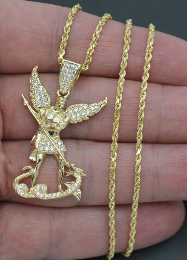 Real 10K Yellow Gold CZ Saint Michael The Archangel pendant + Chain 16''-24''