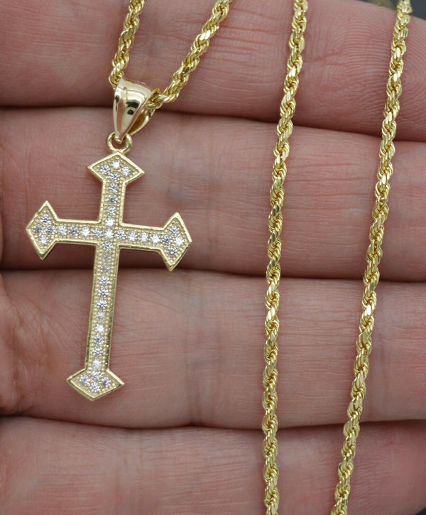 Real 10k Yellow Gold Cross CZ Pendant + Chain 16"-24"