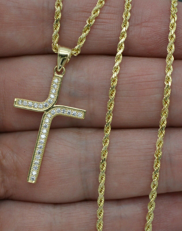 Real 10k Yellow Gold Cross CZ Pendant 1.38" + Chain 16"-24"