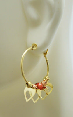 Real 14K Yellow Gold Hoop Dangling Movable Heart Red Bead Earrings 27.5mm