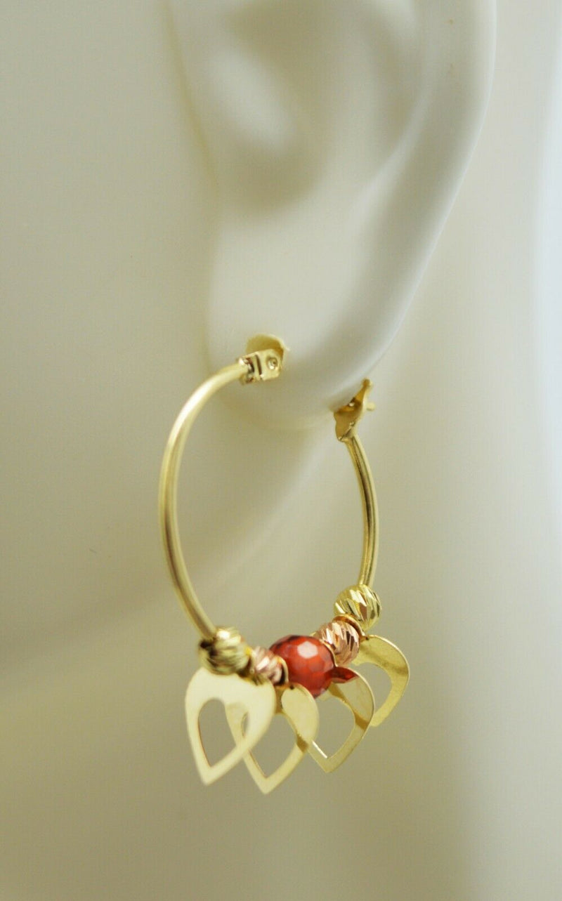 Real 14K Yellow Gold Hoop Dangling Movable Heart Red Bead Earrings 27.5mm