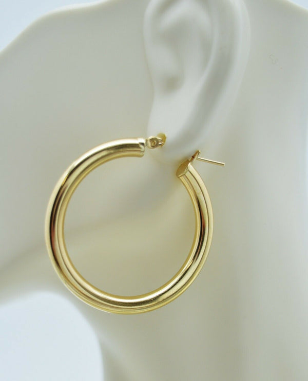 Real 10K Yellow Gold Large Hoop Shiny Earrings 35mm x4mm 3.5gr