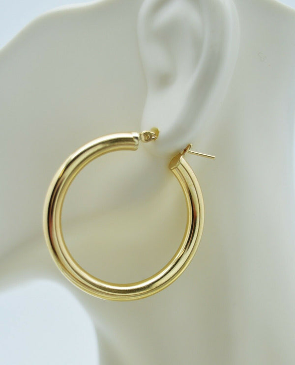 Real 14K Yellow Gold Hoop Shiny Earrings 35mm x4mm 3.7gr