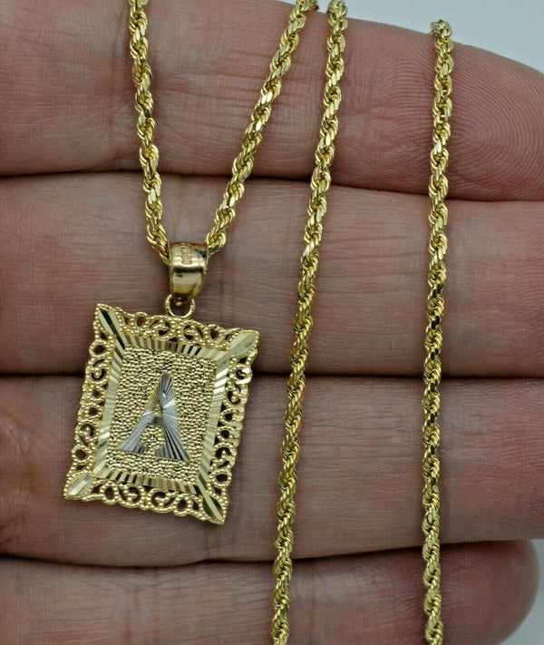 Real 10k Yellow Gold Square Initial Letter Pendant available A-Z + Chain 16"-24"