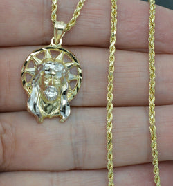 Real 10K Yellow Gold Jesus Head Diamond Cut Pendant 2.5gr + Chain 16"-24"