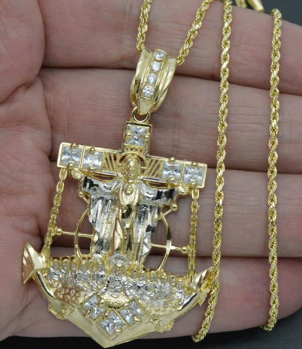 Real 10K Yellow Gold Last Supper Jesus Head Anchor Pendant 9.1gr + Chain 16"-24"