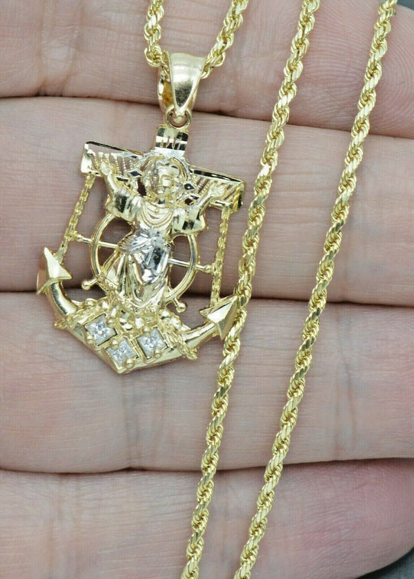 Real 10K Yellow Gold Baby Jesus Anchor Pendant Diamond Cut 2.2gr + Chain 16"-24"