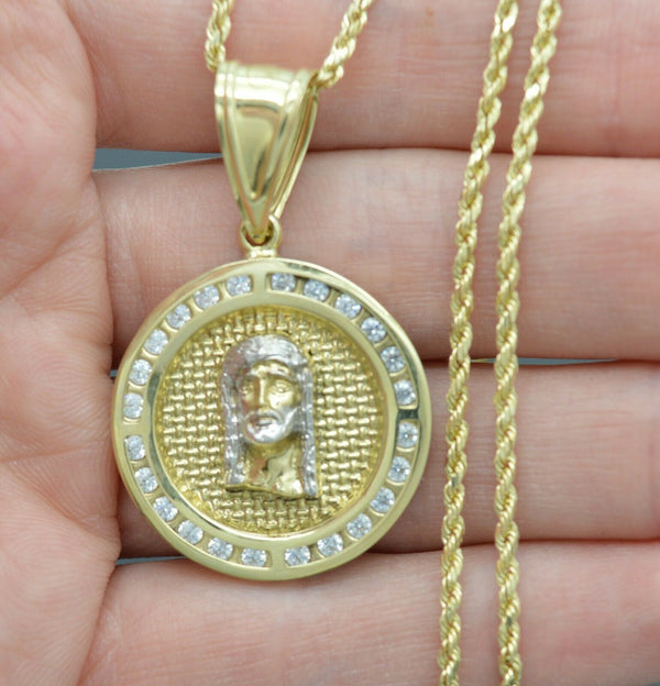 Real 10K Yellow Gold Round CZ Jesus Head Pendant 4.5gr + Chain 16"-24"