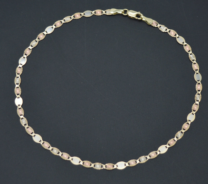 Real 10k Tricolor Solid Gold Valentino Anklet Link Bracelet 2.3 gr 3.5 mm