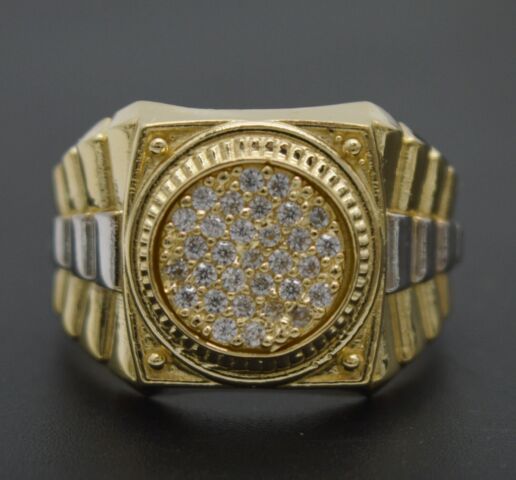 Real 10K Yellow White Gold Two-Tone Square Round CZ Signet Ring 6.0gr All Sizes