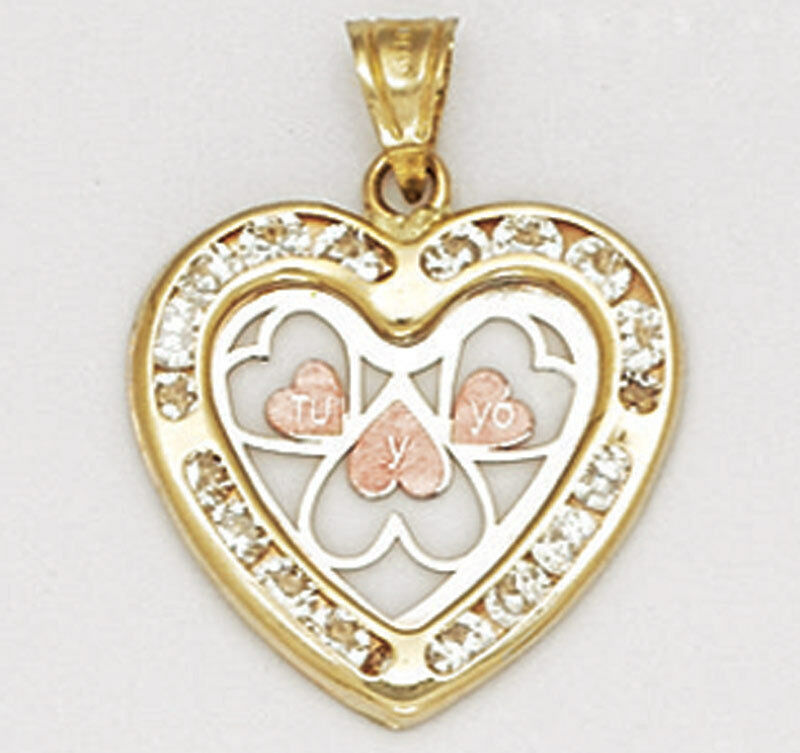 14K Solid Yellow & Rose Gold CZ Heart Shape Pendant