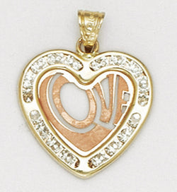 #GA27 14K Solid Yellow & Rose Gold CZ "LOVE" word Heart Shape Pendant