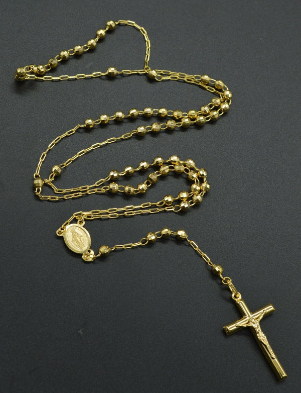 14k Solid Yellow Gold Rosary Virgin Mary Jesus Cross Necklace 26'' 11.7 gr