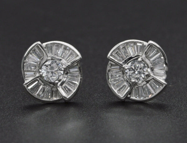 Round Baguette Created Diamond Floral Earrings 14K White Gold Brilliant Stud