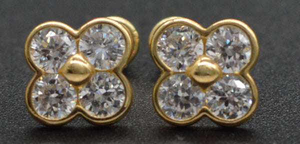 14k Solid Yellow Gold Created Diamond Cluster Flower Stud Earring ScrewBack
