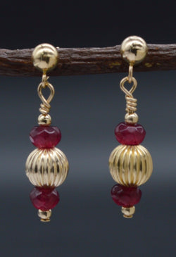 New 14K Solid Gold Natural Ruby & Corrugated Beaded Drop Earrings