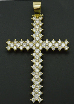 Real 10K Solid Yellow Gold  Created Diamond Cross Pendant 2.6 in" 11.9g