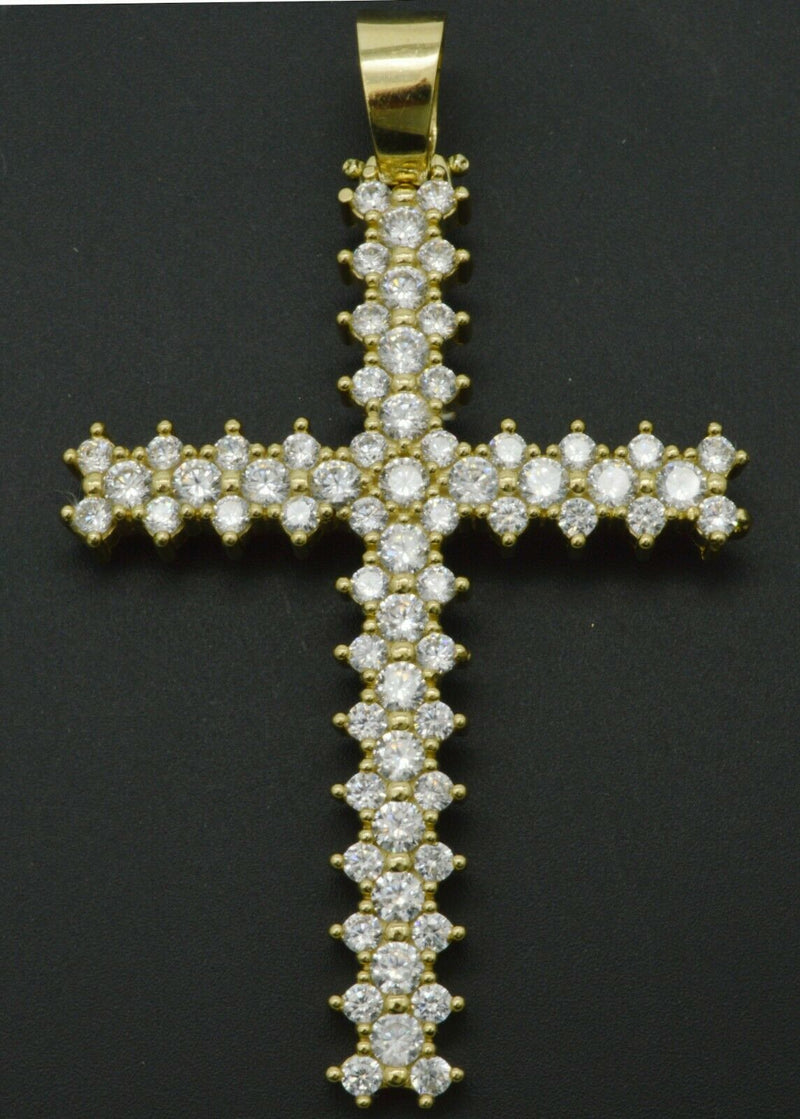 Real 10K Solid Yellow Gold  Created Diamond Cross Pendant 2.6 in" 11.9g