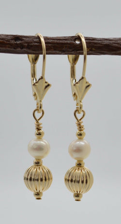 14K Solid Gold Corrugated Ball Beaded & Pearl Drop Leverback Earrings