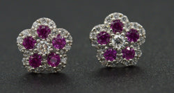 14K Solid White Gold 8mm Ruby Flower Cubic Zirconia CZ Stud Earrings