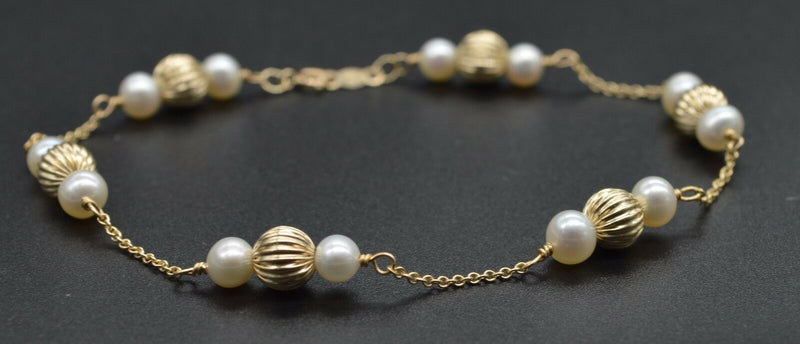 14K Solid Yellow Gold Cultured Pearl & Corrugated Ball Bead Bracelet 7.5".jpg