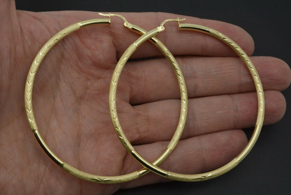 10k Solid Yellow Gold big Large hoop Diamond Cut Earrings 2.75'' 70mm x3MM