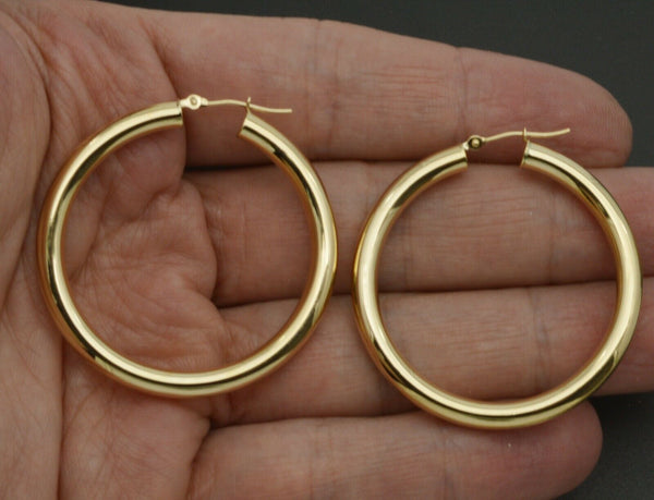 10k Solid Gold big Large hoop Plain Earrings 1.5''  40mm x4mm. 4.1gr