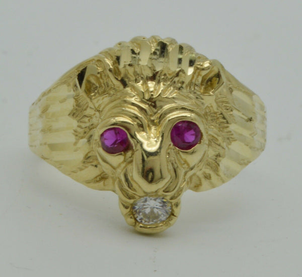 Real Solid 10K Yellow Gold Mens Red Eye Lion Head Ring 5.5 grams ALL SIZES