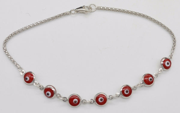 14K White Solid Gold 7" Red Color Evil Eye Bracelet 2.2g.jpg