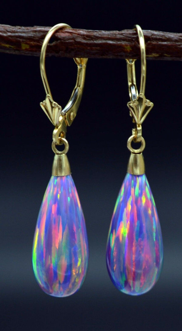 14K  Solid Yellow Gold Tear Drop Purple  Fire Opal Lever back Dangle Earrings