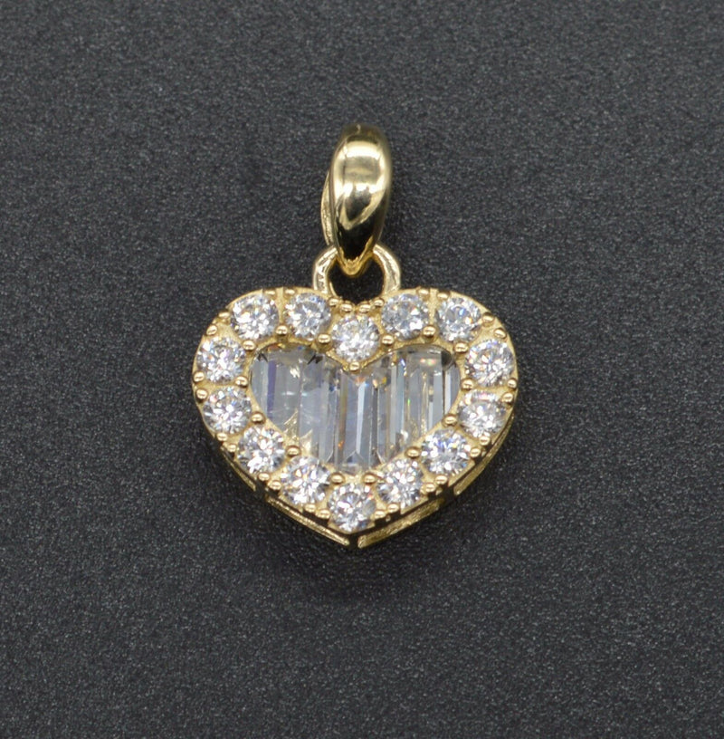 14K Yellow Gold Heart Baguette Round Cut Created Diamond Pendant