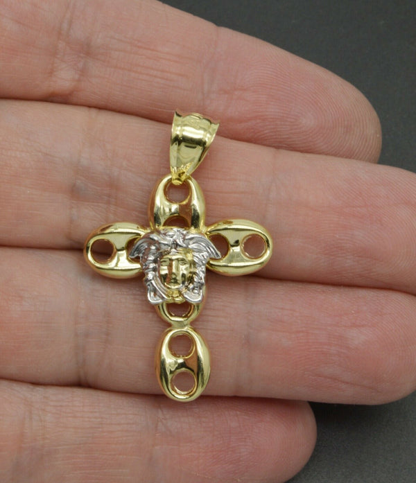 Real 10K Yellow White Gold 1.5 " 3D Puffed Mariner Medusa Cross Pendant