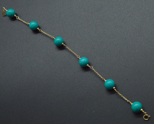 NEW 14K Solid Yellow Gold 8mm Green Turquoise Bead Bracelet 7 1/2''.jpg