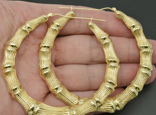 REAL 10K Yellow Gold 3" 75mm Large Graduated Bamboo Hoop Earrings  13.2gr