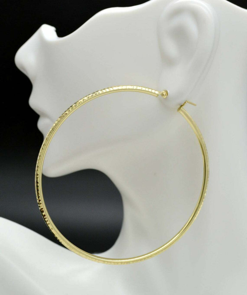 REAL 10K Yellow Gold big Large Diamond Cut Hoop Earrings 2 1/2" 2mm X 65mm 4g