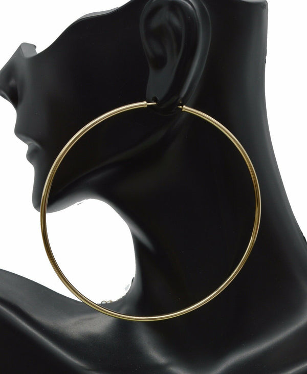 14k Solid Yellow Gold big Large Endless hoop Earrings. 70mm x 2 MM 3.2gr