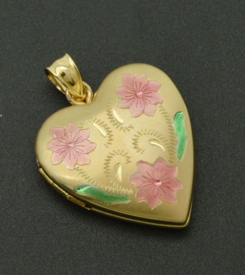 14K Solid Yellow gold Heart LOCKET with Flowers