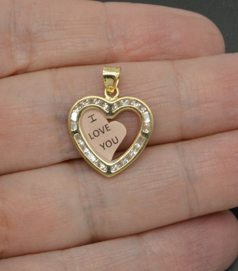 14K Solid Yellow & Rose Gold CZ "I LOVE YOU" Heart Shape Pendant