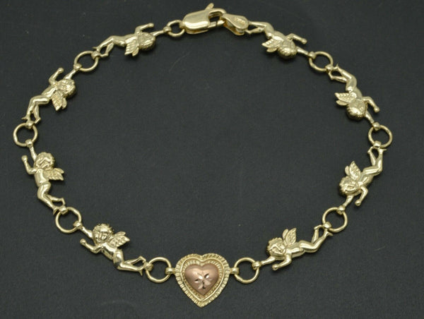 Real 10k Yellow Gold angel brushed &Diamond Cut Heart love Bracelet 9.7mm 71/4''