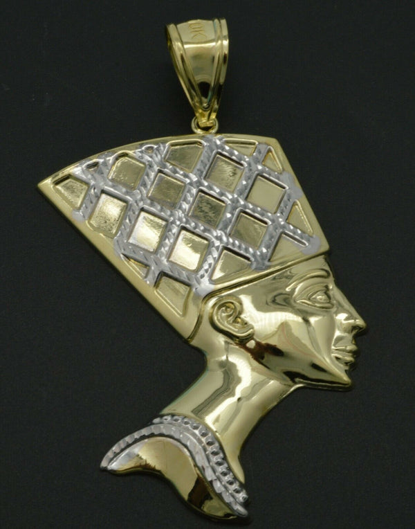 Real 10k Yellow Gold Egyptian Queen Nefertiti Head Diamond Cut Pendant 2.10"-1"