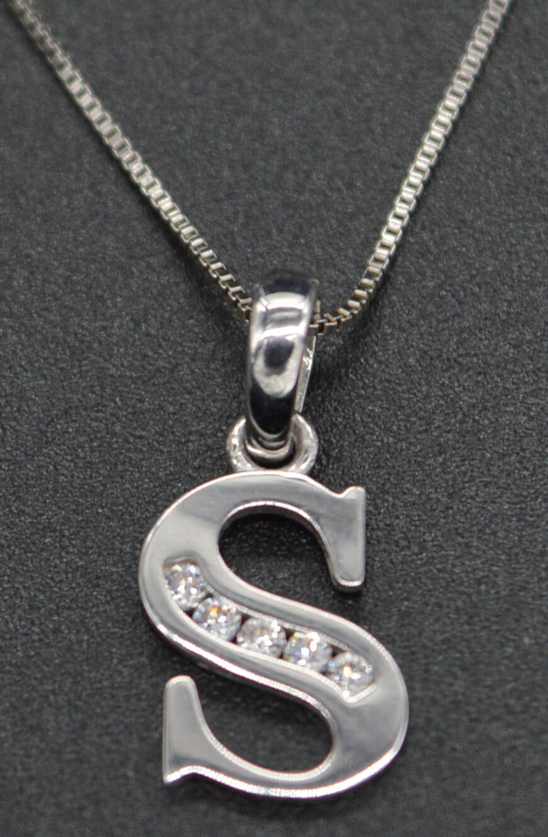 14K White Solid Gold Created Diamond Initial Letter S + 18" Chain Necklace