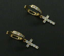 14K Yellow Solid Gold Huggie cross Round Created Diamond Brilliant Earrings