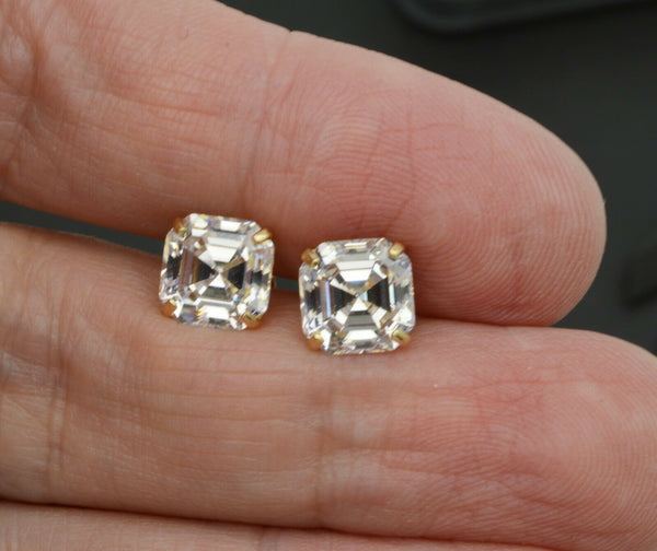 14K Solid Yellow Gold Screw Back 6ct 8mm Asscher Created Diamond Stud Earrings