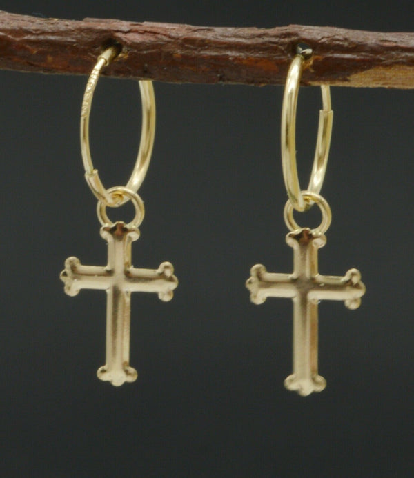 14k Yellow Solid Gold Dangle Cross Charm hoop Earrings