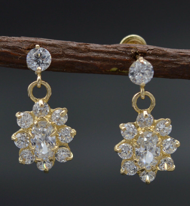 14K Solid Yellow Gold 16mm Flower White Cubic Zirconia CZ Dangle Earrings