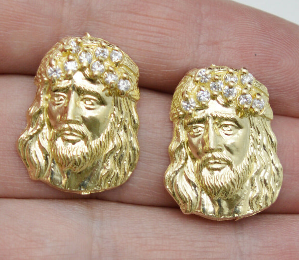 10k Solid Yellow Gold Jesus head Cz Big Stud Earrings