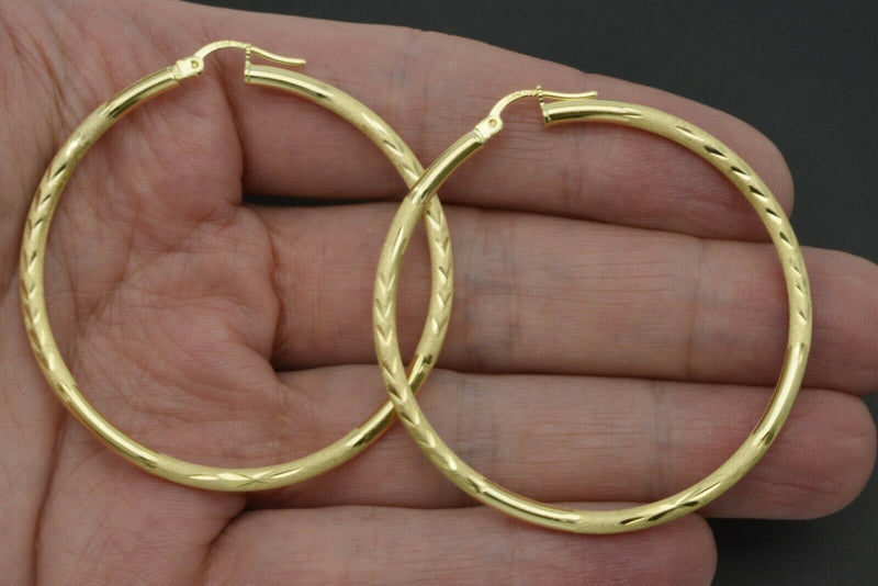 10k Solid Yellow Gold big Large hoop Diamond Cut Earrings 2'' 50mm x2MM 2.7GR