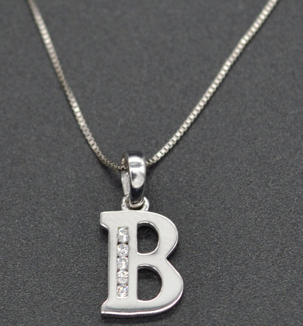 14K White Solid Gold Created Diamond Initial Letter B + 18" Chain Necklace