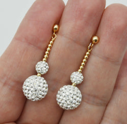 14k solid Yellow Gold 12mm & 6mm Crystal Pave Ball Drop Earrings