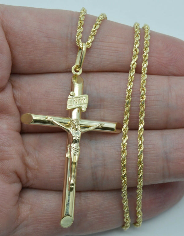 Real 10k Yellow Gold Huge Jesus Christ Crucifix Cross Pendant + Chain 16''-24''